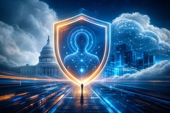 Futuristic neon shield with a digital human icon above a city skyline and the U.S. Capitol. Futuristic neon shield with a digital human icon above a city skyline and the U.S. Capitol.