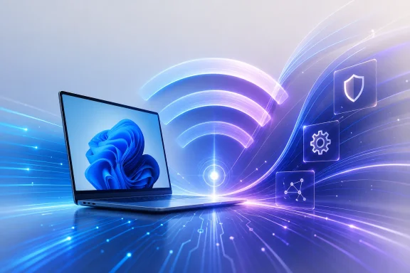 Futuristic laptop with glowing neon AI network, shield and gear icons on a blue-purple data stream.