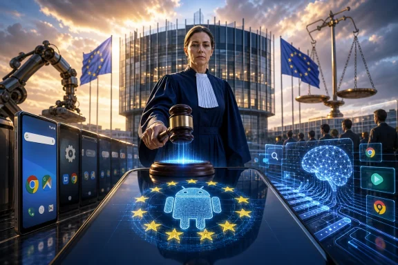 A judge in EU-themed setting holds a gavel over a digital globe with robotics icons and scales. A judge in EU-themed setting holds a gavel over a digital globe with robotics icons and scales.