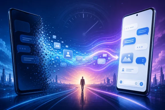 Futuristic city nightscape showing a person running toward glowing smartphone UI and data-stream icons.
