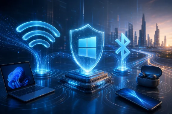 Glowing cybersecurity shield and Wi‑Fi symbols hovering over a laptop, phone, and tablet in a neon cityscape.