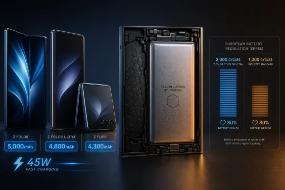 Foldable phones, a silicon-carbon battery, and a chart comparing battery cycle endurance. Foldable phones, a silicon-carbon battery, and a chart comparing battery cycle endurance.