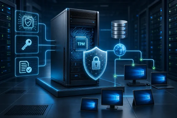 Secure server with TPM chip, shield, and connected devices in a glowing data center.