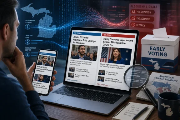 A person compares Michigan political news on a laptop and phone beside an early voting box.