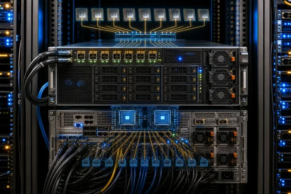 A high-performance rack server glows with blue lights, cables, drives, fans, and processor graphics.