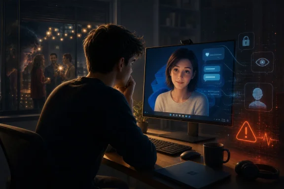 A man video chats with a woman at his desk, surrounded by glowing cybersecurity warning icons.