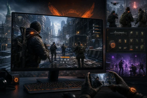 A gamer’s setup displays a post-apocalyptic squad navigating snowy New York streets.
