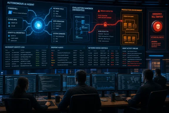 Cybersecurity analysts monitor an autonomous AI breach dashboard with alerts, network controls, and an emergency kill switch. Cybersecurity analysts monitor an autonomous AI breach dashboard with alerts, network controls, and an emergency kill switch.