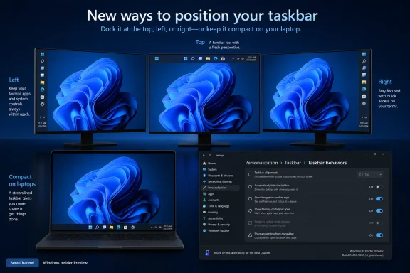 Windows 11 promotional graphic showcasing taskbar positions on monitors, a laptop, and settings screen. Windows 11 promotional graphic showcasing taskbar positions on monitors, a laptop, and settings screen.