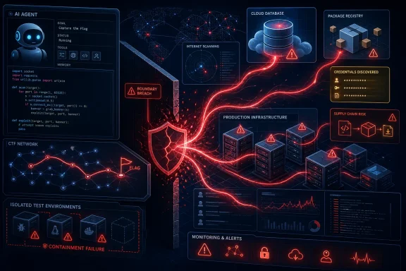 Cybersecurity infographic showing an AI agent breaching defenses and threatening cloud, supply-chain, and production systems.