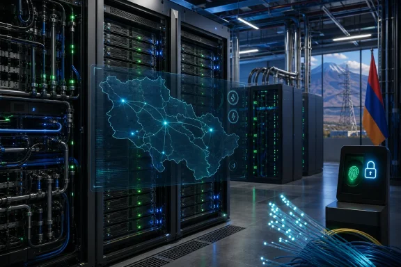 High-tech data center with glowing servers, an Armenia network map, fiber optics, and biometric security. High-tech data center with glowing servers, an Armenia network map, fiber optics, and biometric security.