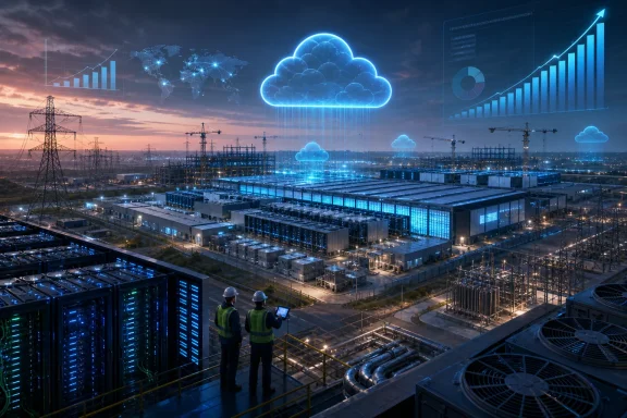 A glowing data center complex with cloud overlays, power infrastructure, servers, and rising analytics charts. A glowing data center complex with cloud overlays, power infrastructure, servers, and rising analytics charts.