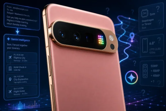 A rose-gold smartphone with a large camera bar is shown amid AI-powered travel planning graphics.