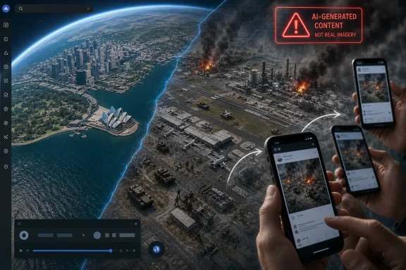 A split-screen contrasts a futuristic coastal city with a war-torn industrial zone and social-media phones. A split-screen contrasts a futuristic coastal city with a war-torn industrial zone and social-media phones.