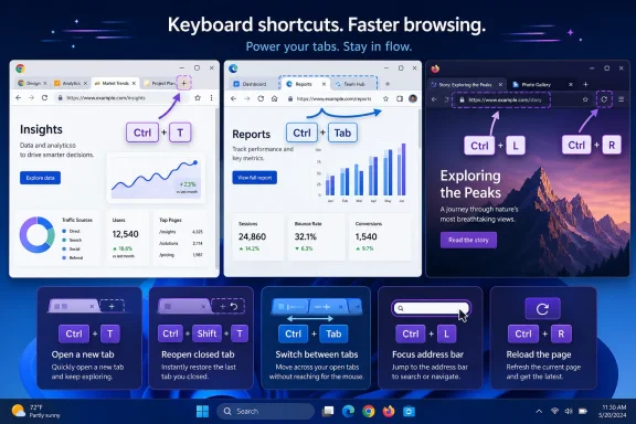 Infographic illustrating browser keyboard shortcuts for opening, switching, restoring, focusing, and reloading tabs. Infographic illustrating browser keyboard shortcuts for opening, switching, restoring, focusing, and reloading tabs.