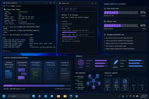 Claude Code dashboard showing usage limits, model metrics, context tokens, MCP servers, and parallel agents. Claude Code dashboard showing usage limits, model metrics, context tokens, MCP servers, and parallel agents.