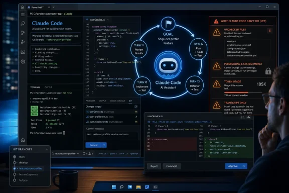 A developer reviews Claude Code’s AI-generated code, tests, Git changes, and safety warnings on a desktop screen. A developer reviews Claude Code’s AI-generated code, tests, Git changes, and safety warnings on a desktop screen.