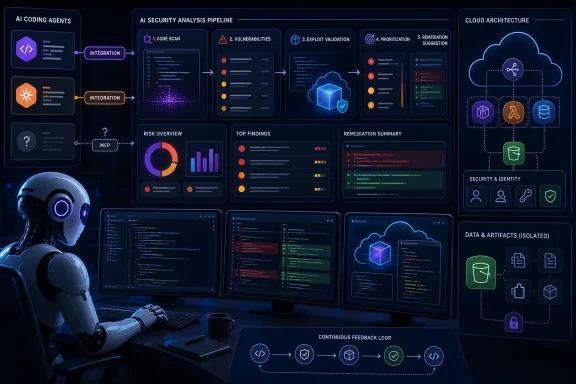 A humanoid robot monitors an AI-powered security pipeline with vulnerability analysis and cloud architecture dashboards. A humanoid robot monitors an AI-powered security pipeline with vulnerability analysis and cloud architecture dashboards.
