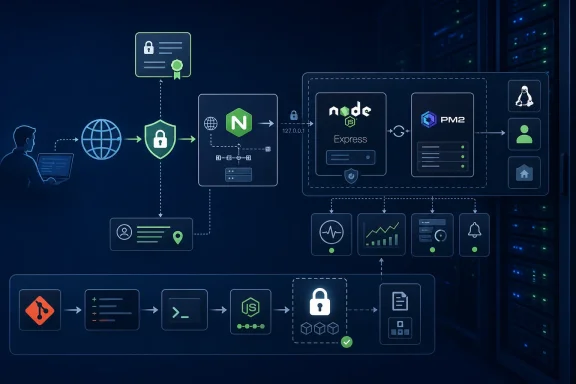 Secure web application architecture diagram showing Nginx, Node.js, Express, PM2, monitoring, and deployment. Secure web application architecture diagram showing Nginx, Node.js, Express, PM2, monitoring, and deployment.