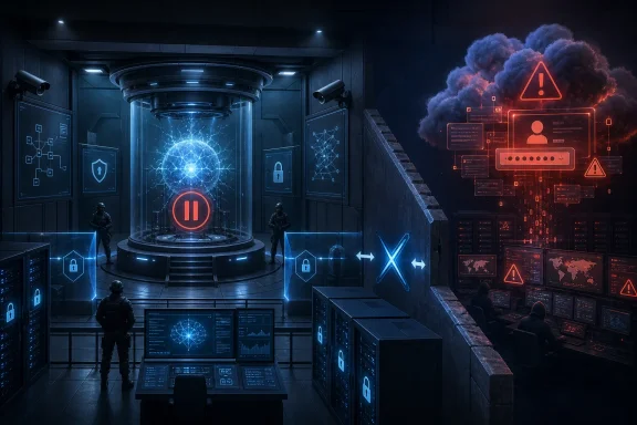 A secure blue-lit server facility faces a red cyberattack threat, symbolized by warning icons and a breached network. A secure blue-lit server facility faces a red cyberattack threat, symbolized by warning icons and a breached network.