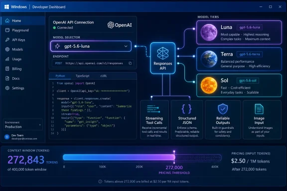 Windows Developer Dashboard showing OpenAI API models, code examples, features, token usage, and pricing. Windows Developer Dashboard showing OpenAI API models, code examples, features, token usage, and pricing.