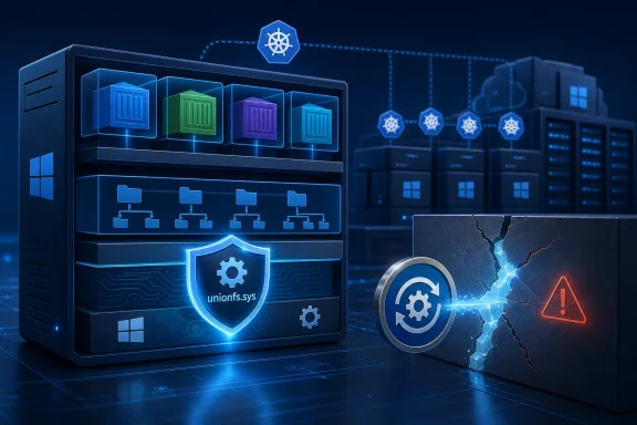Illustration of Windows containers orchestrated by Kubernetes, highlighting unionfs.sys protection and a system warning. Illustration of Windows containers orchestrated by Kubernetes, highlighting unionfs.sys protection and a system warning.