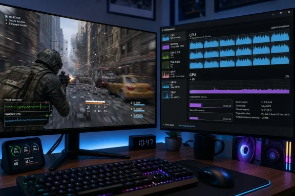 A dual-monitor gaming setup shows an action game and live PC performance metrics.