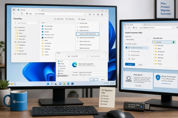 Dual monitors show Microsoft Edge favorites export/import settings beside a USB drive and PC migration checklist.