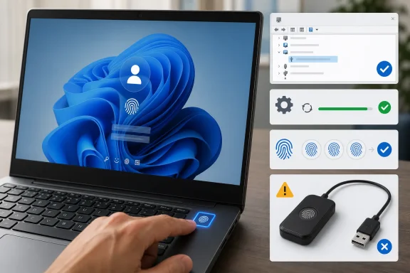 Laptop showing fingerprint login, with biometric setup steps and an external USB fingerprint reader illustrated.
