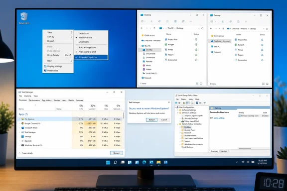 A monitor displays Windows desktop troubleshooting windows, including File Explorer, Task Manager, and Group Policy Editor.