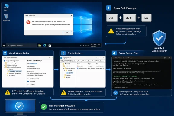 Infographic showing steps to restore a disabled Windows Task Manager using Group Policy, Registry, and system repairs.