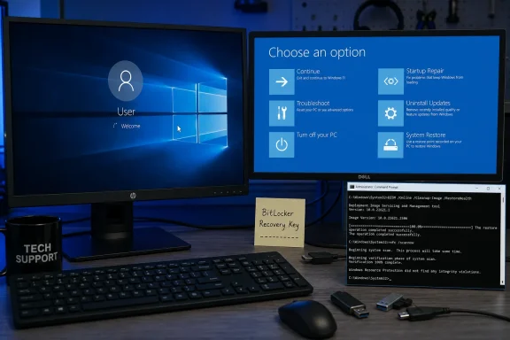 Dual monitors show Windows recovery options and command-line system repair tools on a tech support desk.