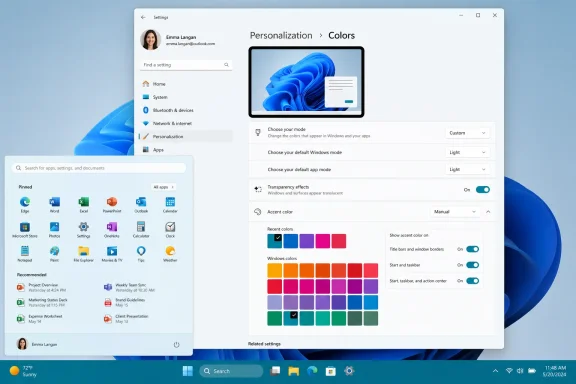 Windows 11 Personalization > Colors settings shown with the Start menu open.