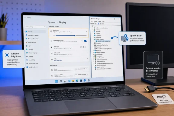 Laptop displays Windows brightness settings and Device Manager, while an external monitor is disconnected.