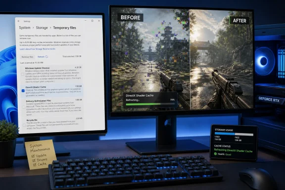 Gaming PC displays Windows storage cleanup and a before-and-after DirectX shader cache refresh.
