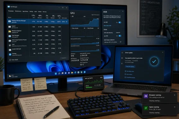 A desktop setup displays Windows GPU diagnostics, HDR settings, driver updates, and high GPU usage alerts.