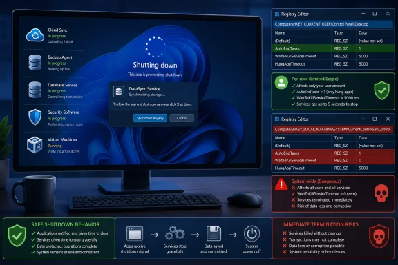 Illustration contrasts safe shutdown settings with risky system-wide registry changes and forced termination. Illustration contrasts safe shutdown settings with risky system-wide registry changes and forced termination.