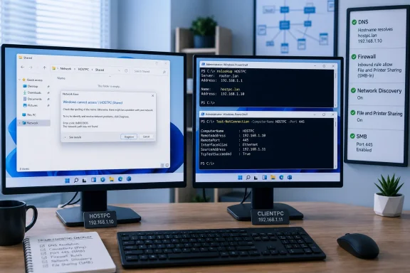 Dual monitors show an SMB network access error alongside successful DNS and port connectivity tests.