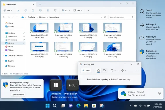 Windows 11 desktop showing OneDrive screenshots, Snipping Tool, and sync and saving tips.