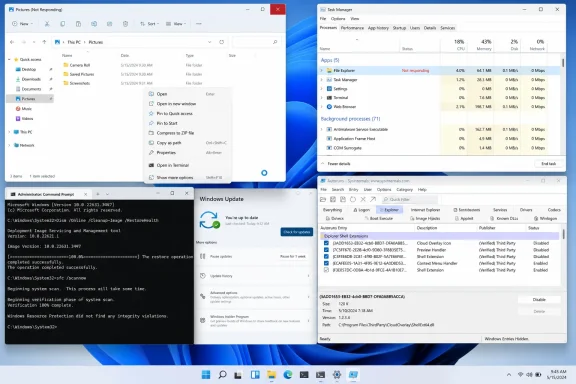 Windows desktop shows File Explorer not responding alongside Task Manager, Autoruns, Command Prompt, and Windows Update.