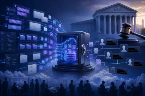 Digital legal data flows into a secure vault before a courthouse, surrounded by user records and technology workers. Digital legal data flows into a secure vault before a courthouse, surrounded by user records and technology workers.