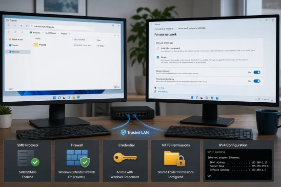 Two monitors show Windows network sharing settings and a trusted LAN security checklist.