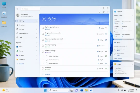 A Windows desktop displays a task manager, calendar, tasks, and notes organized around the day's schedule.