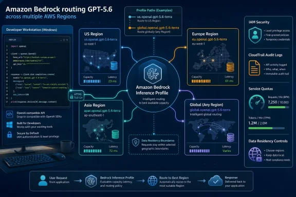 Infographic showing Amazon Bedrock GPT-5.6 routing across global AWS regions with security and residency controls. Infographic showing Amazon Bedrock GPT-5.6 routing across global AWS regions with security and residency controls.