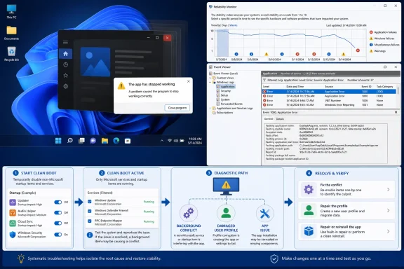 Windows 11 troubleshooting infographic shows an app crash, reliability errors, and a clean-boot diagnostic workflow.