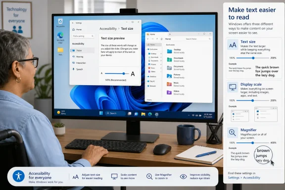 Person using Windows accessibility settings to enlarge text, scale display, and magnify the screen.