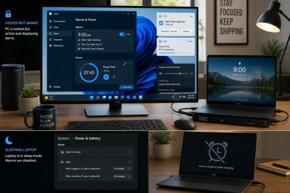 Desktop monitor shows active alarms and focus timer, while a sleeping laptop displays that alarms are disabled.