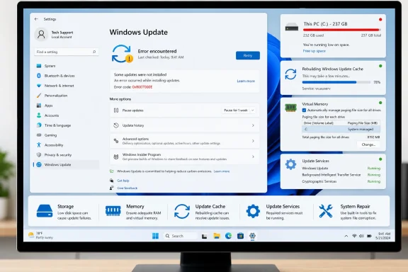 Windows Update shows error 0x8007000E, while low disk space and cache rebuilding are highlighted.