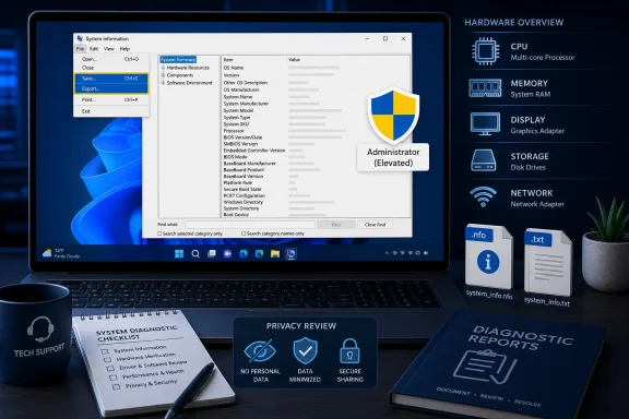 Laptop displays Windows System Information with administrator access, diagnostic reports, and privacy review materials.