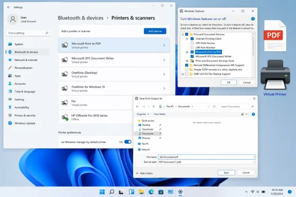 Windows displays printer settings, Windows Features, and a dialog saving a document as a PDF.